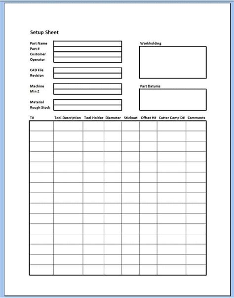 cnc machining setup sheet